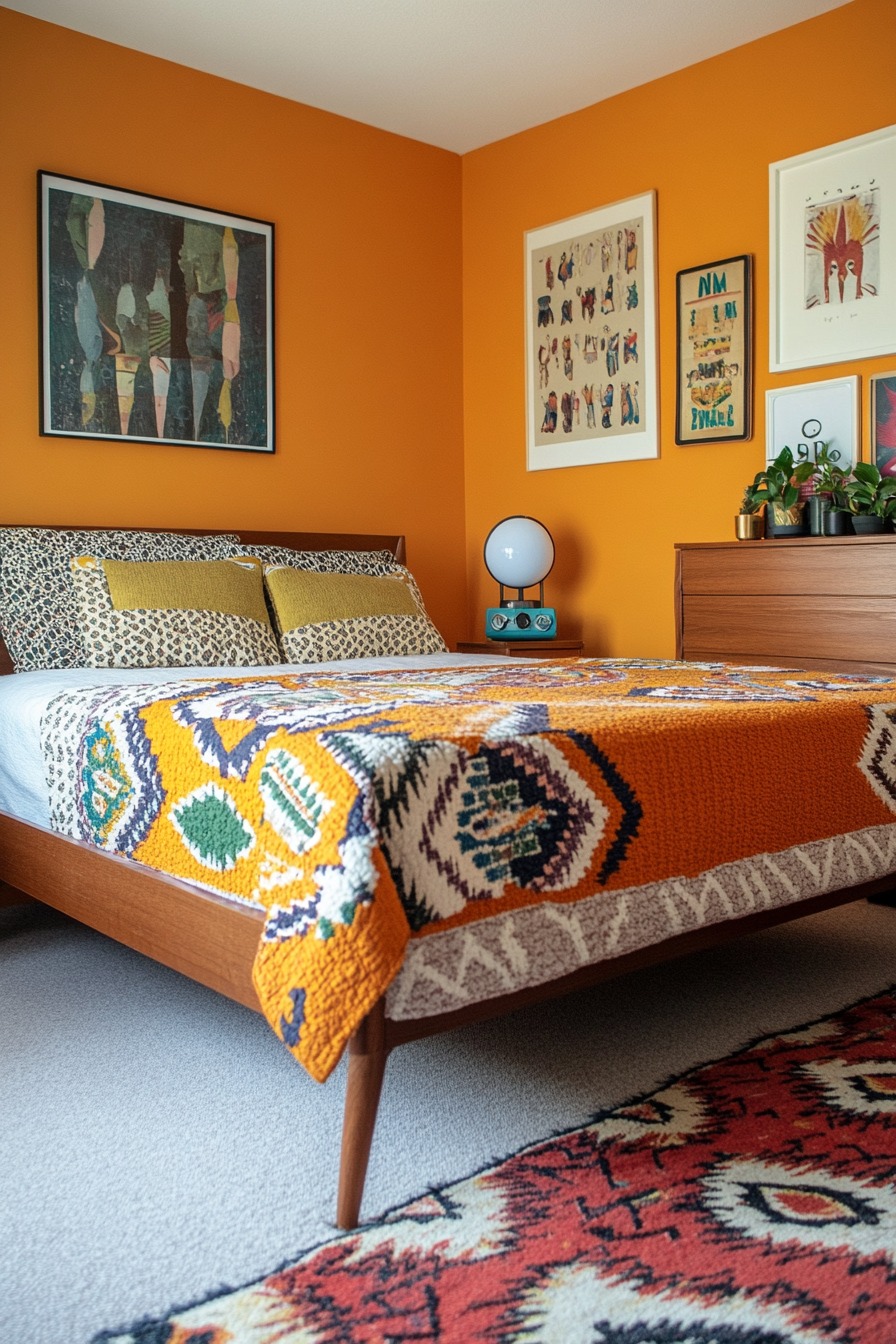 Retro bedroom with strong patterns and vintage furniture