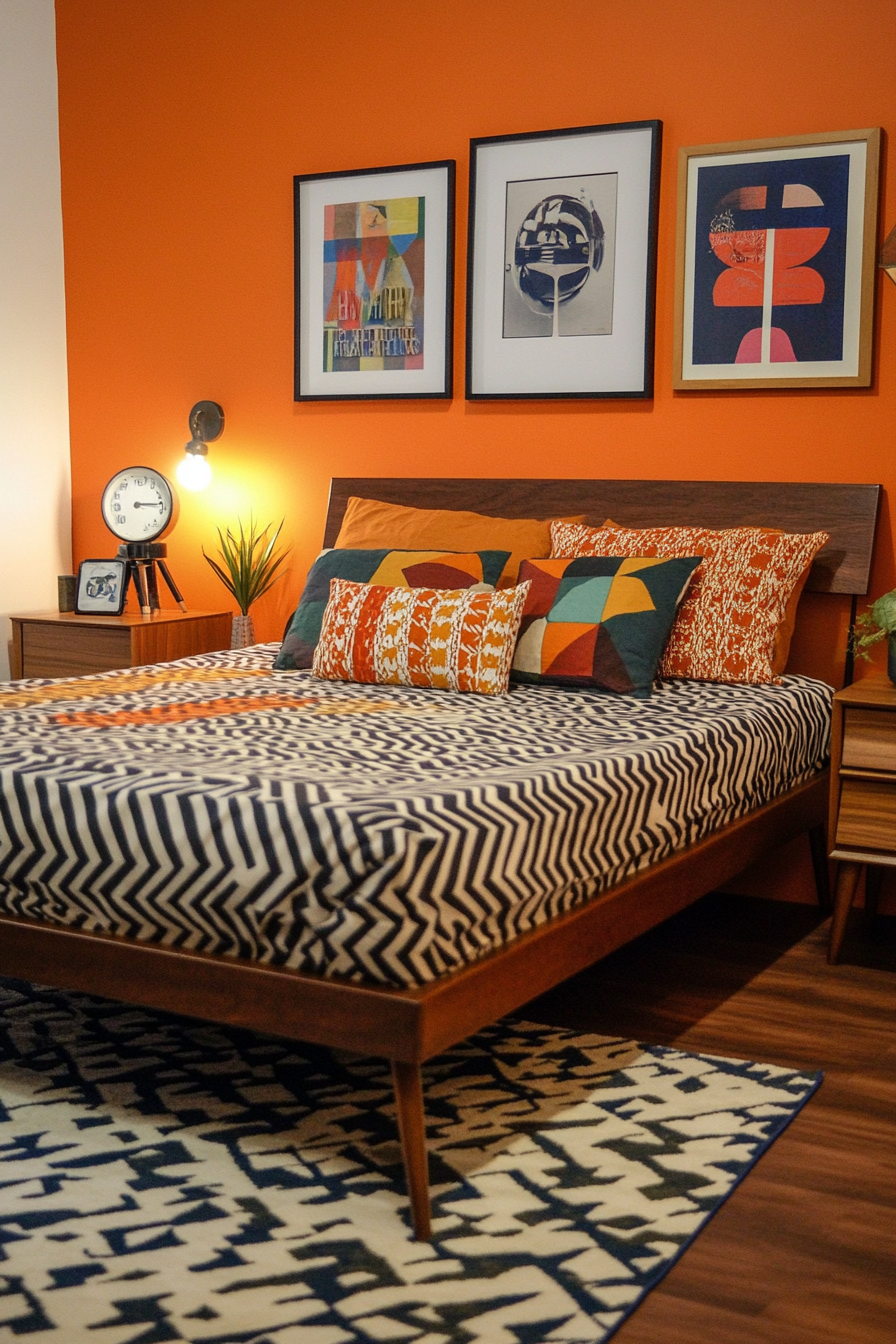 Modern platform bed from the middle of the century and retro bed linen