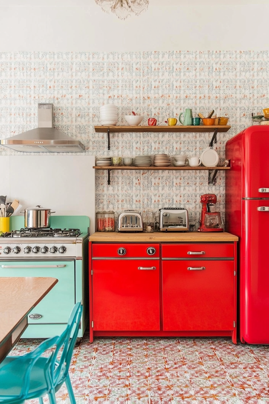 Retro kitchen with light cupboards and vintage devices