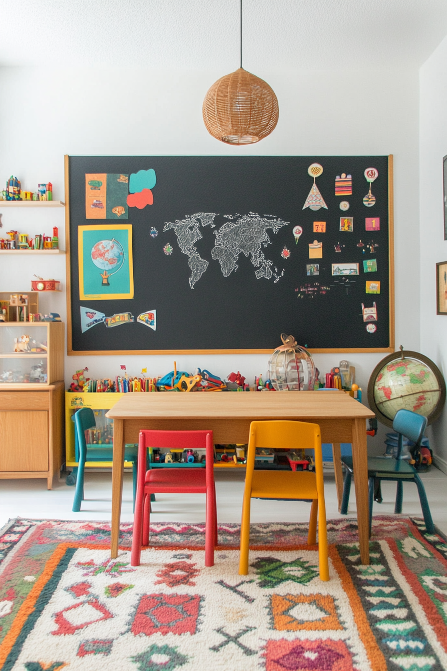 Retro playing room with bright colors and vintage toys