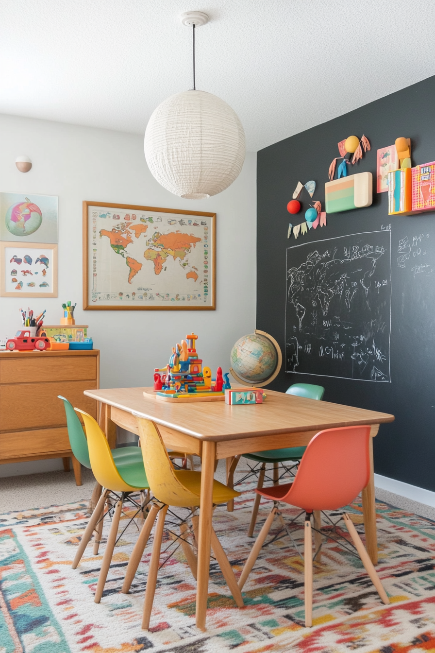 Wooden play table and colorful chairs in the retro play room