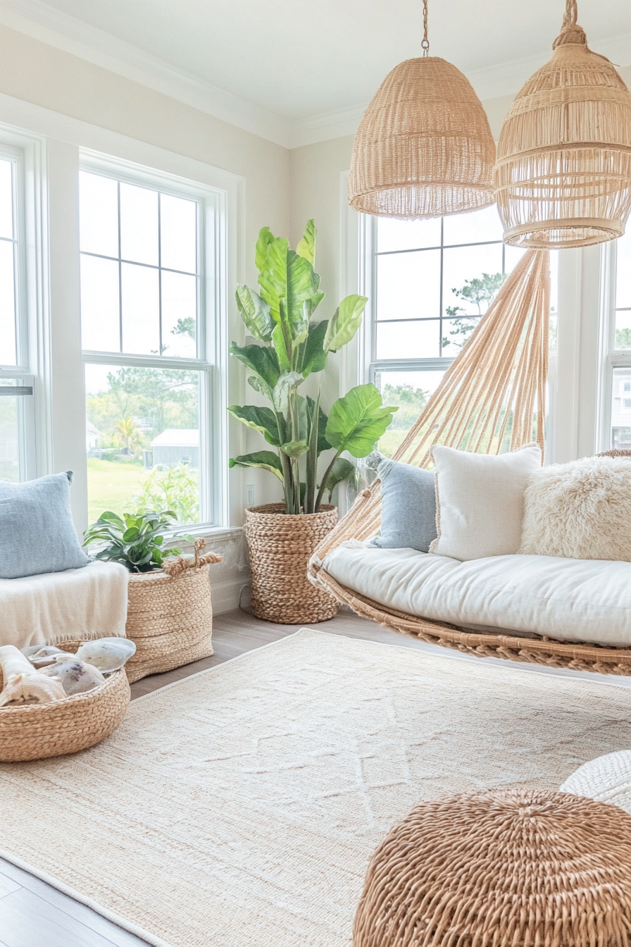 Coastal boho decor with gentle blue tones and natural materials