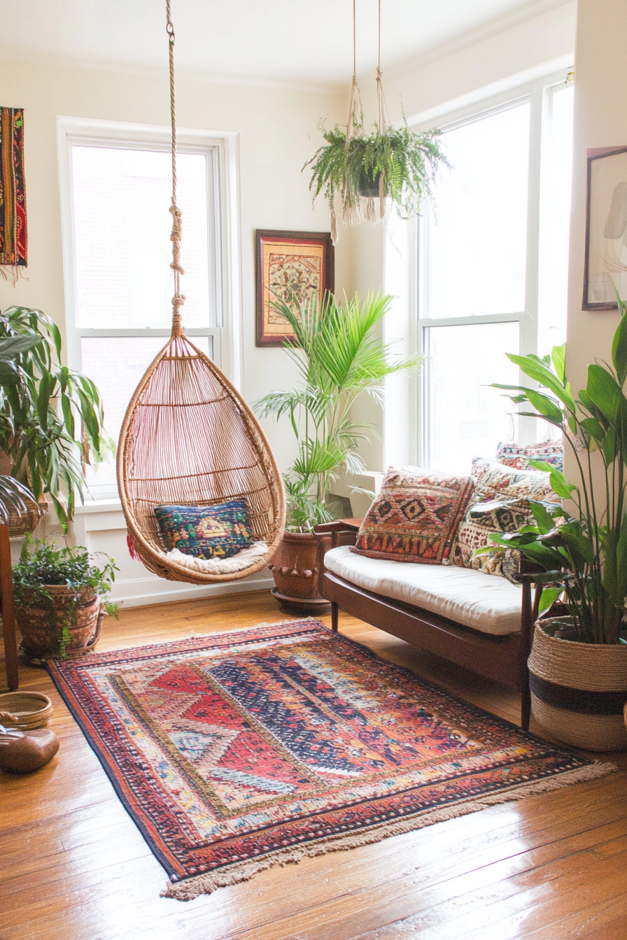 Boho living room with versatile decor and lively colors