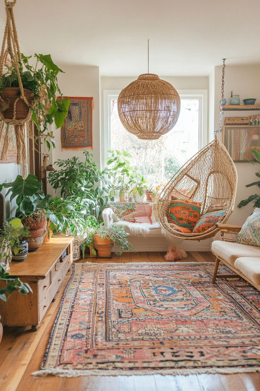 Housing plants and vintage furniture in the Boho living room decor