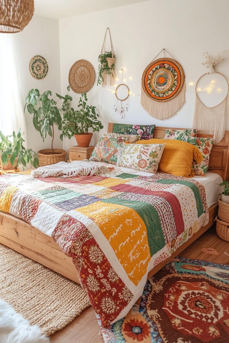 Boho bedroom with layered textiles and cozy elements