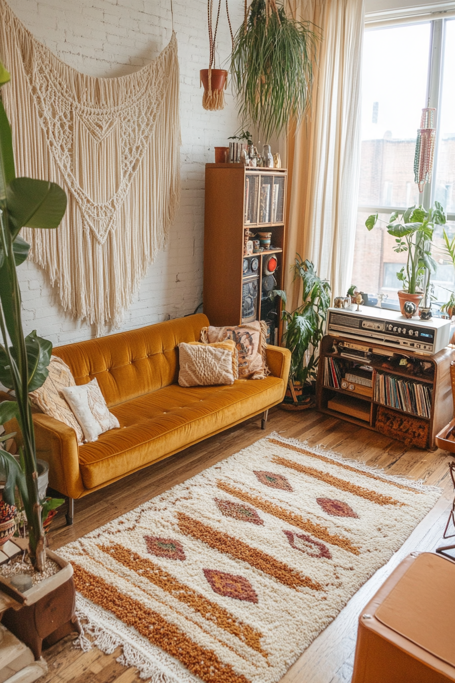 Vintage finds and retro pattern in the Boho decor of the 1970s