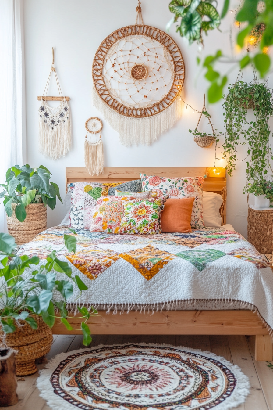 Lichter chains and dream catchers in the boho bedroom decor