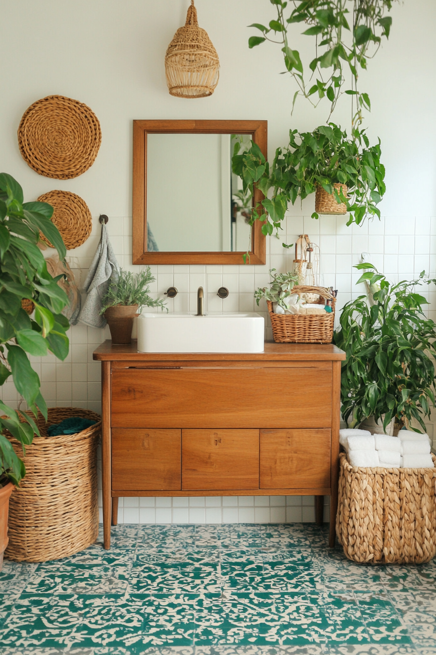 Boho bathroom with natural materials and a lot of green