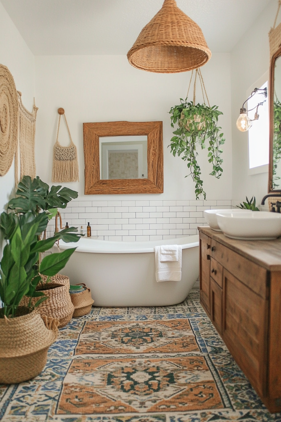 Patterned tiles and braided baskets in the Boho bathroom decor