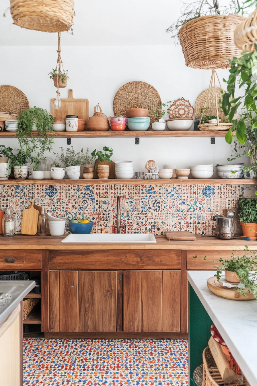 Open shelves and patterned tiles in the Boho kitchen decor