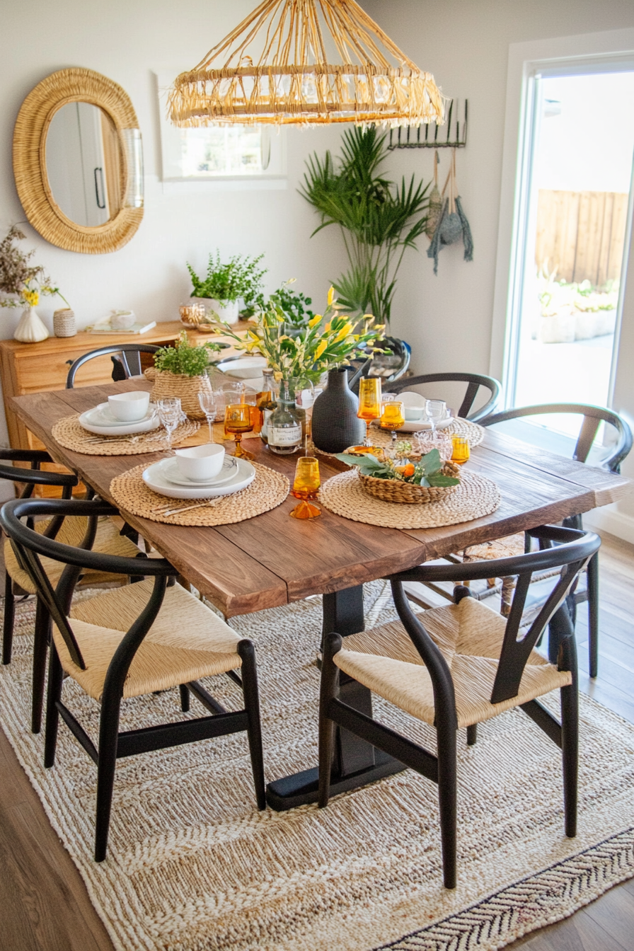 Boho-style dining room with versatile decor and bright colors