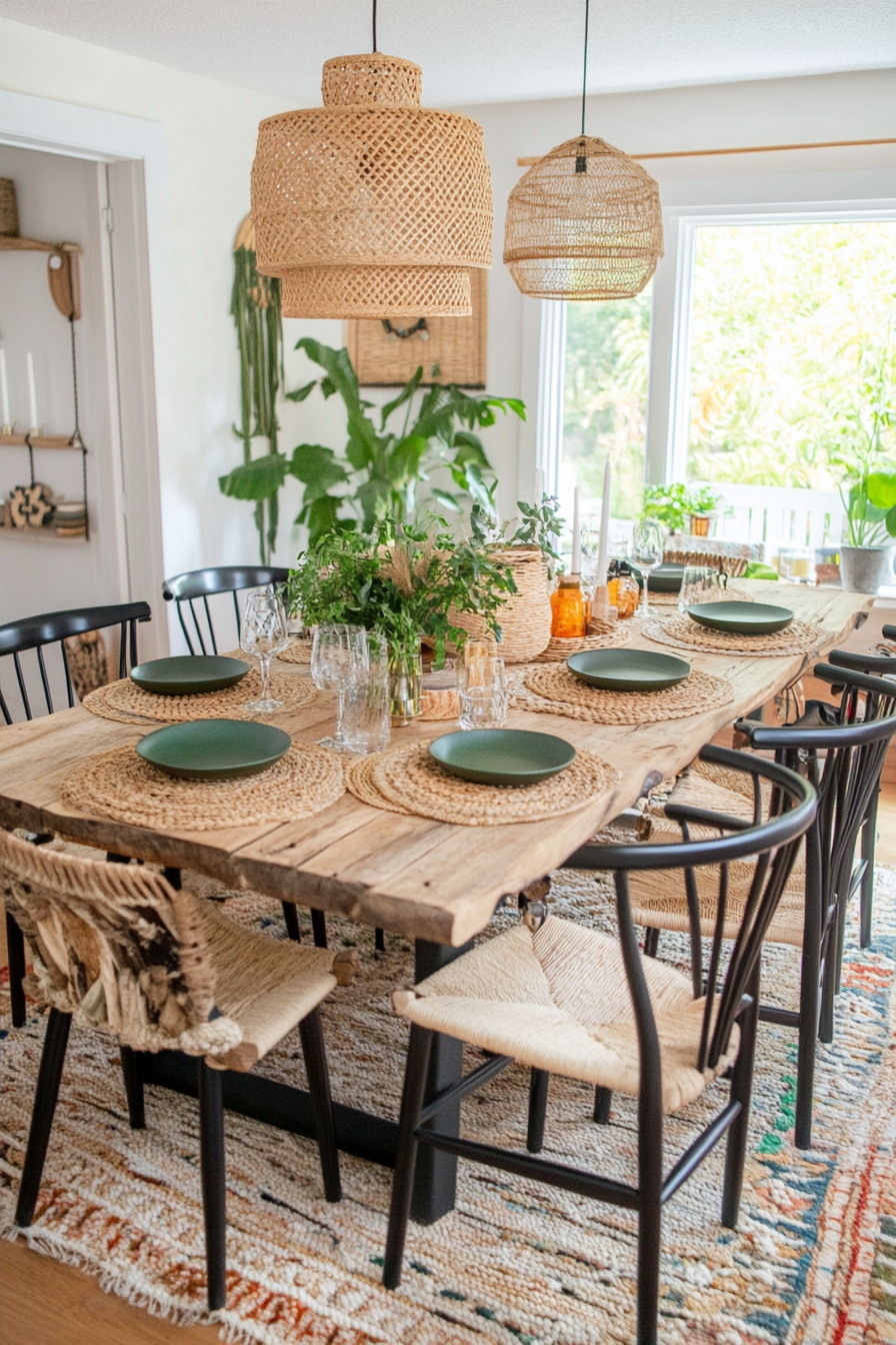 Uniform chairs and colorful table decorations in the boho-laying room decor