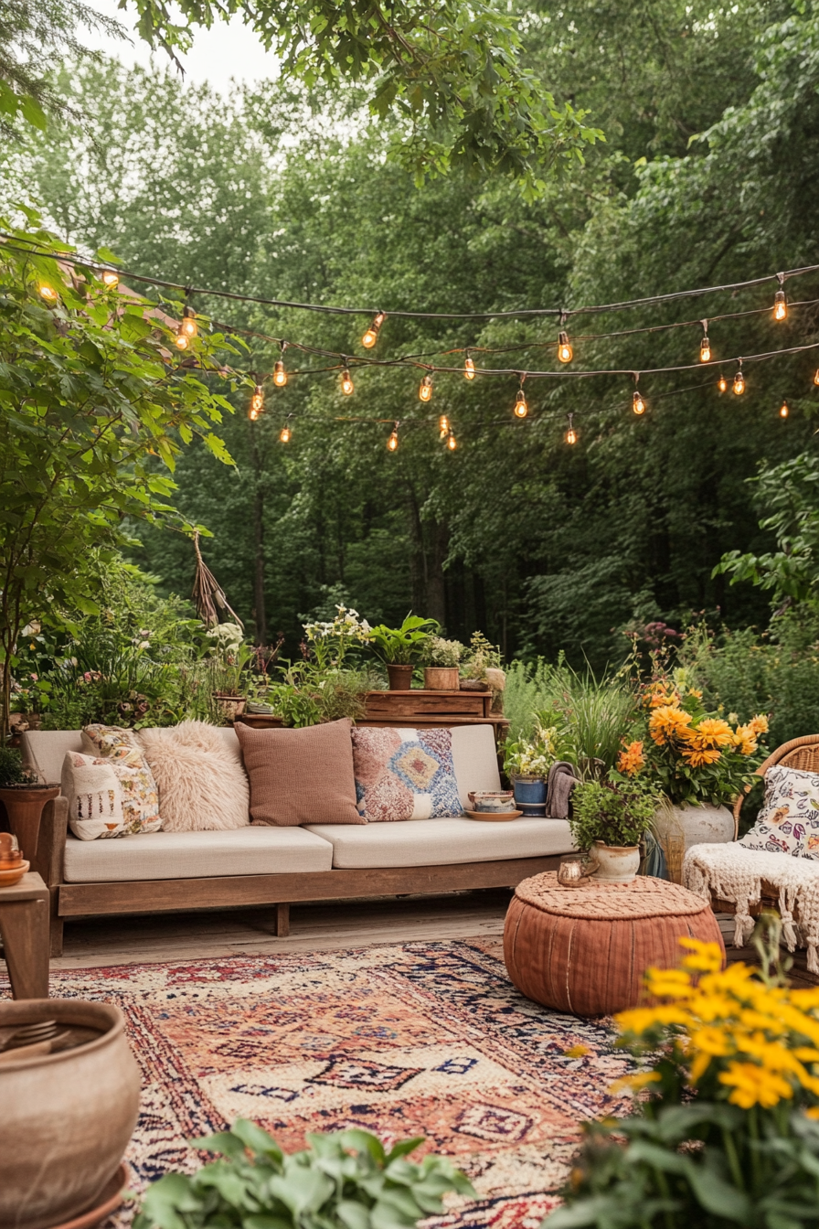 Boho living area outdoors with versatile furniture and a lot of green