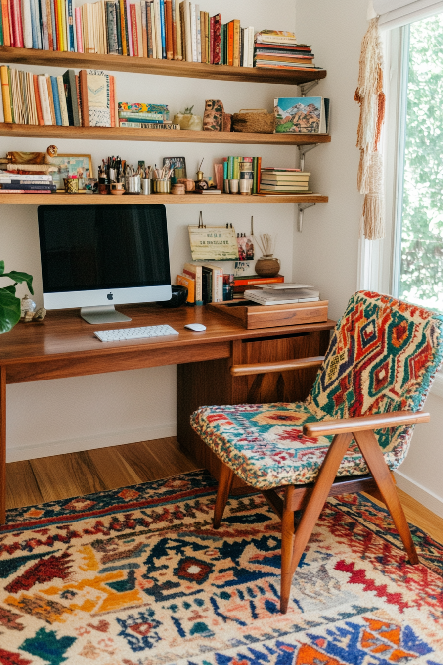 Patterned carpets and vintage foundations in the boho-home office decor