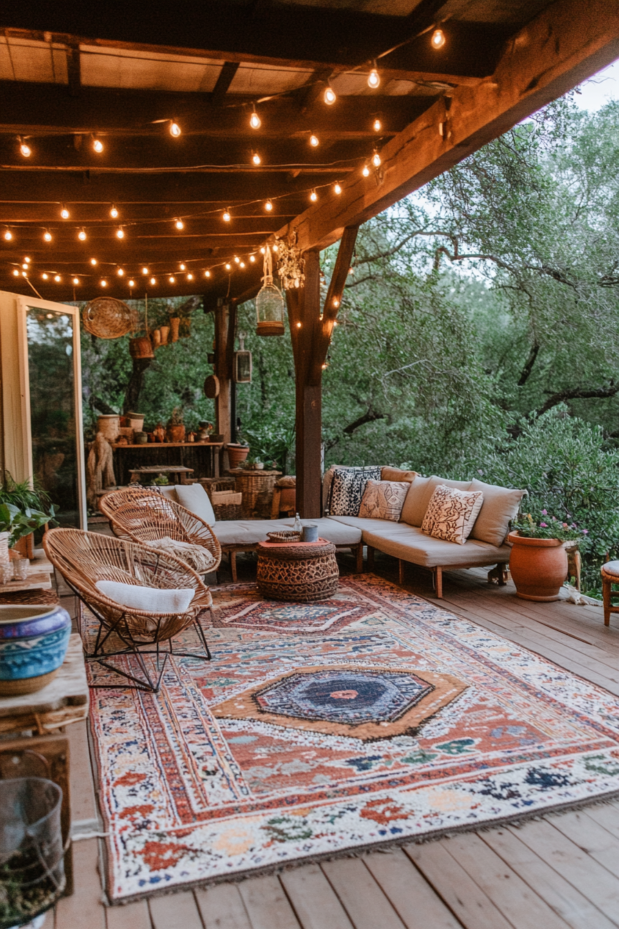 Light chains and versatile furniture in the Boho residential decor for the outdoor area