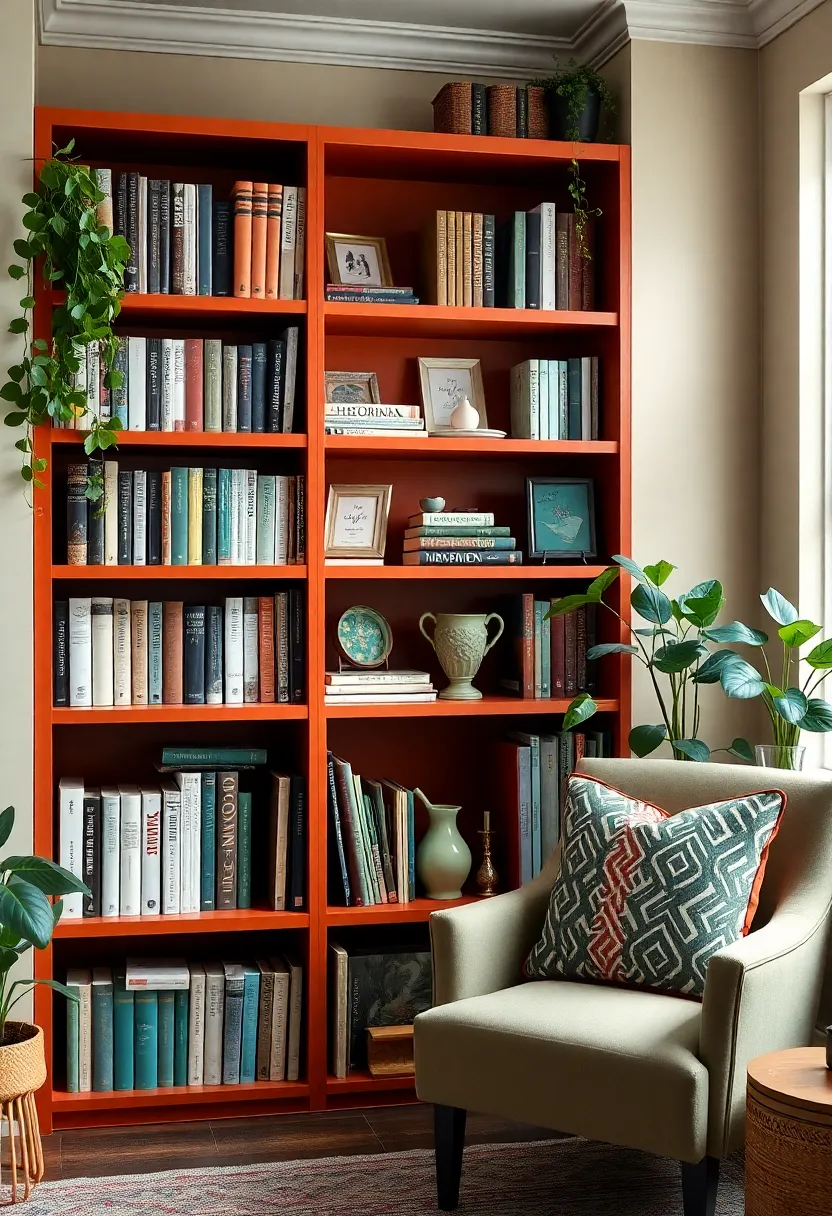 Makeover for furniture: 17 painting and upholstery with earthy terracotta and sage green! - 5. Terracotta bookshelf shelves