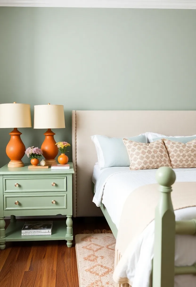 Makeover for furniture: 17 painting and upholstery with earthy terracotta and sage green! - 6. Sage green bedside tables