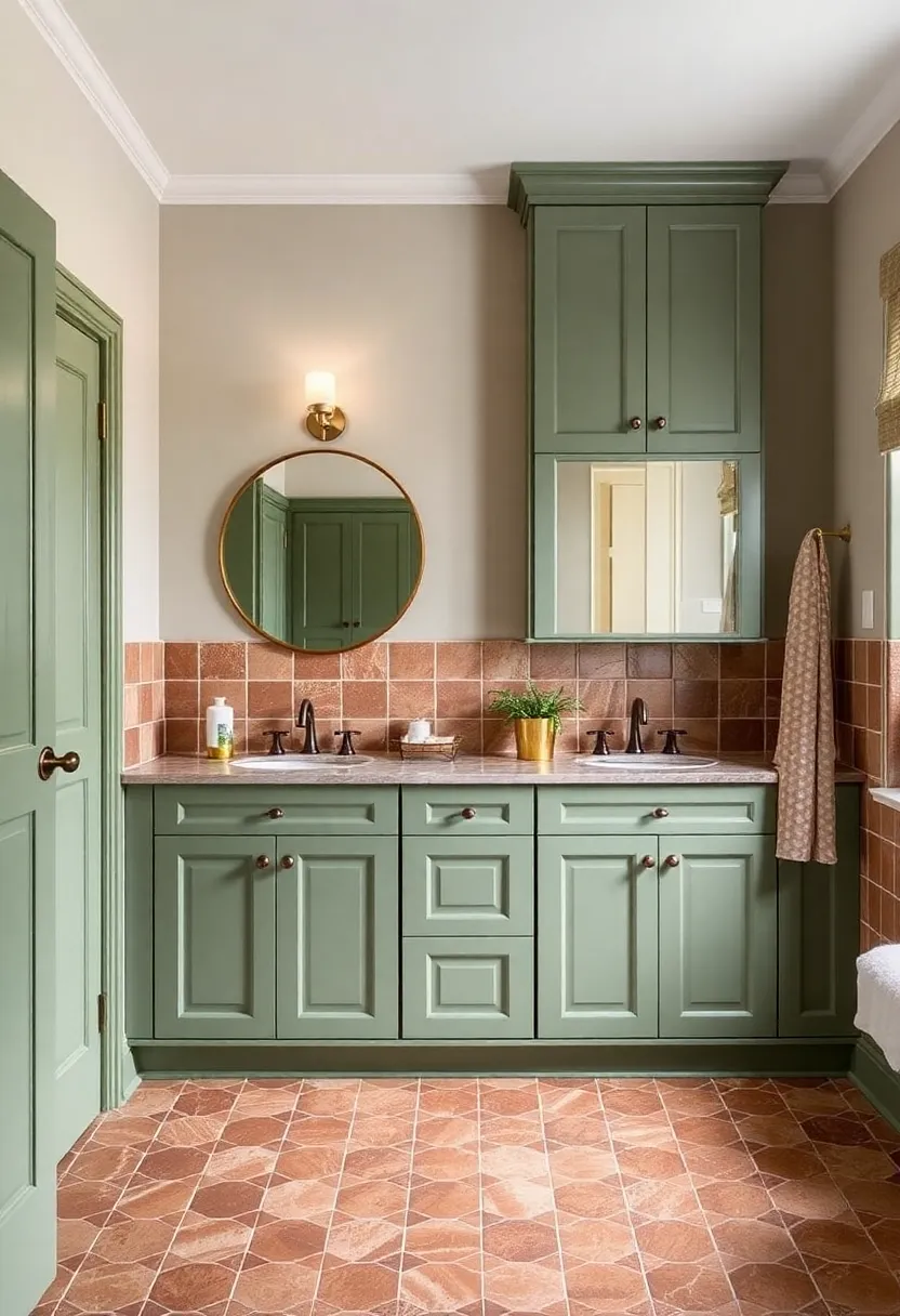 Makeover for furniture: 17 painting and upholstery with earthy terracotta and sage green! - 12. Sage green bathroom cabinets