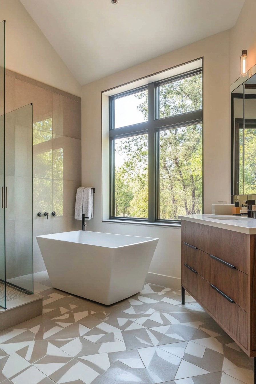 Geometric patterned floor tiles and wooden vanity in a bathroom