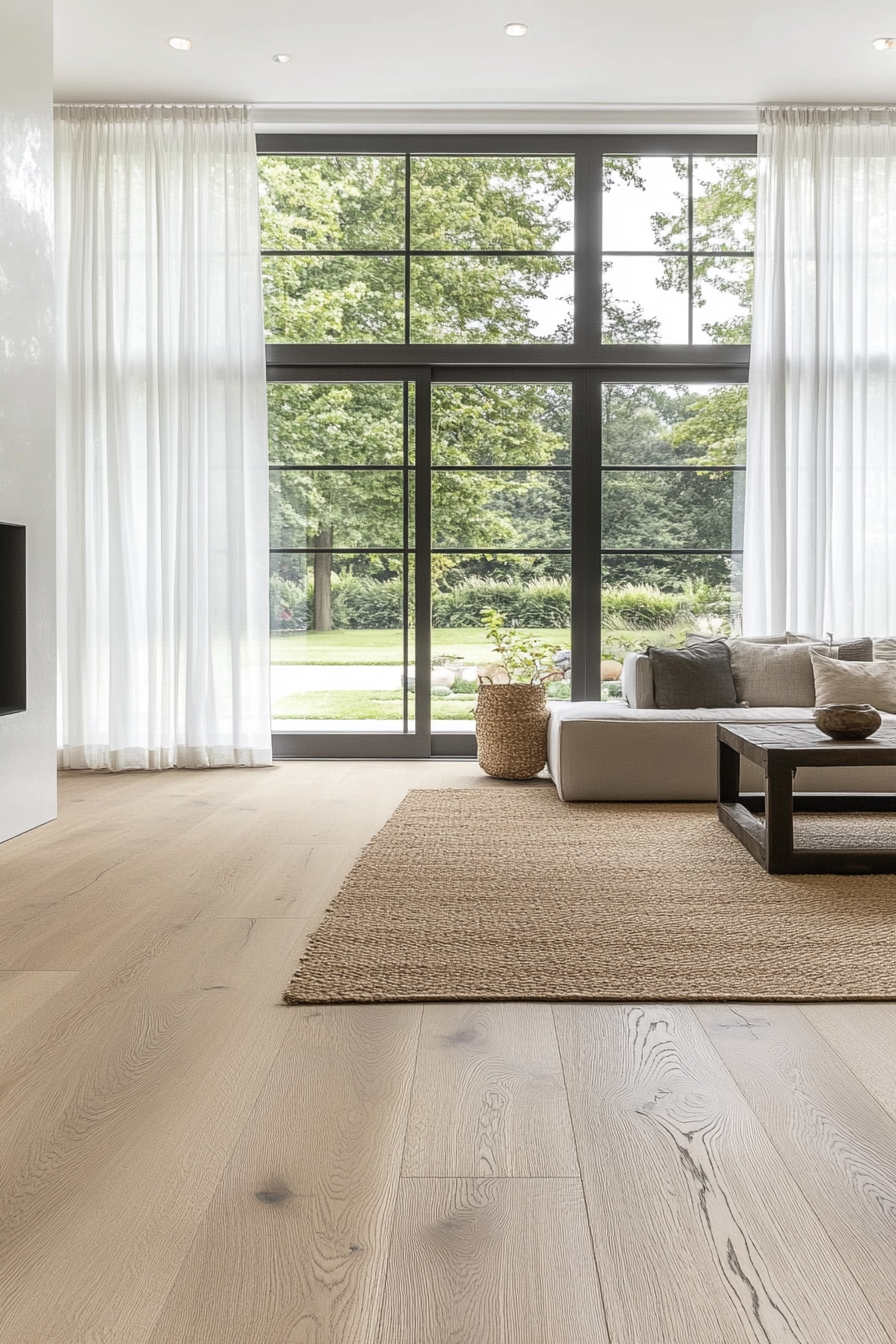 Living room with wide plank white oak floors