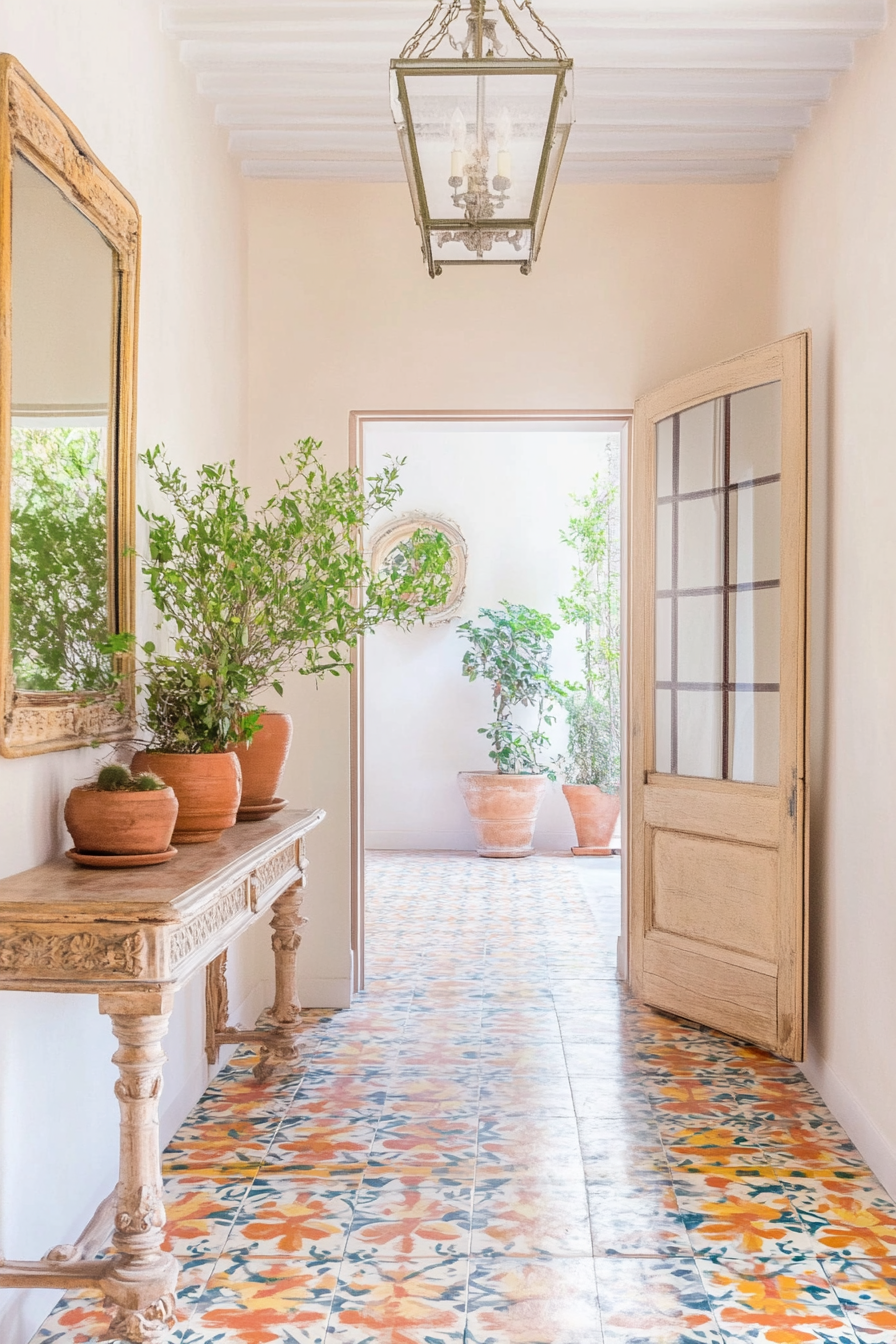 Hallway with patterned porcelain tiles