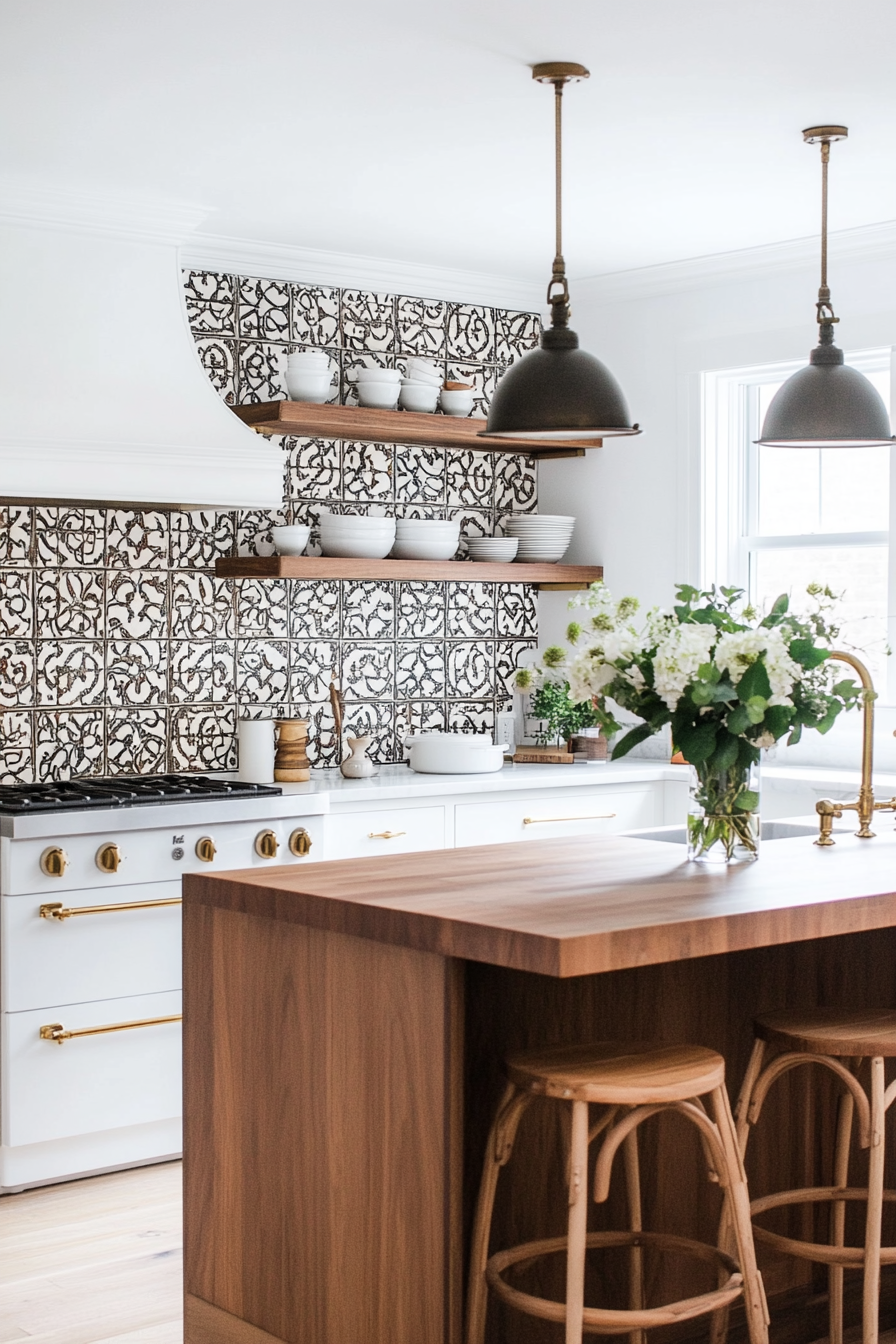 Wooden island with bar stools in a kitchen with Moroccan tiles