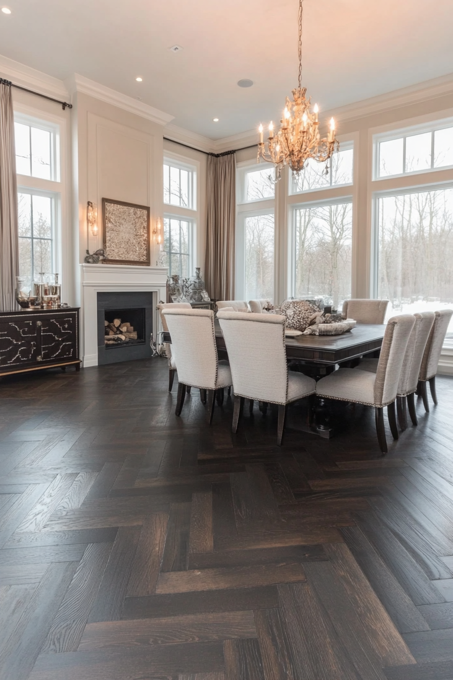 Dining room with dark herringbone hardwood floors