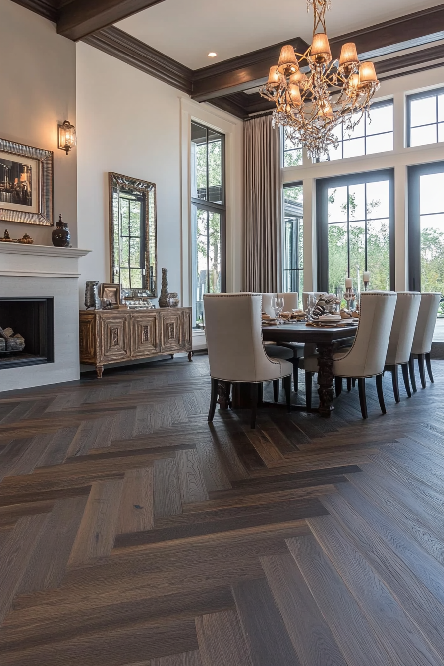 Elegant dining table and chairs on dark hardwood herringbone floor