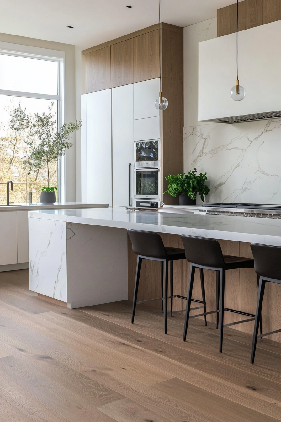 Stylish backsplash and wooden island in a kitchen with laminate flooring