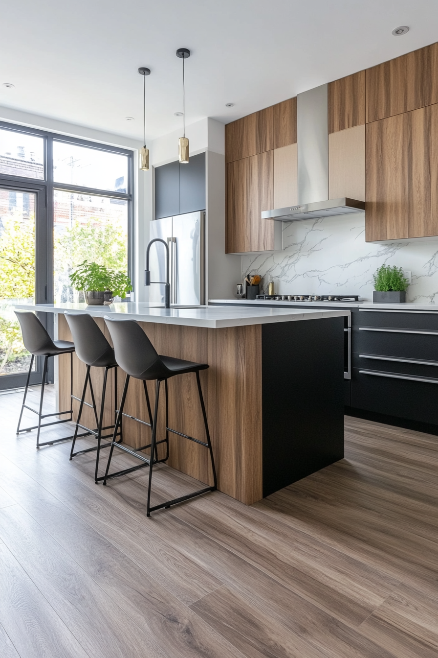 Modern kitchen with waterproof laminate flooring