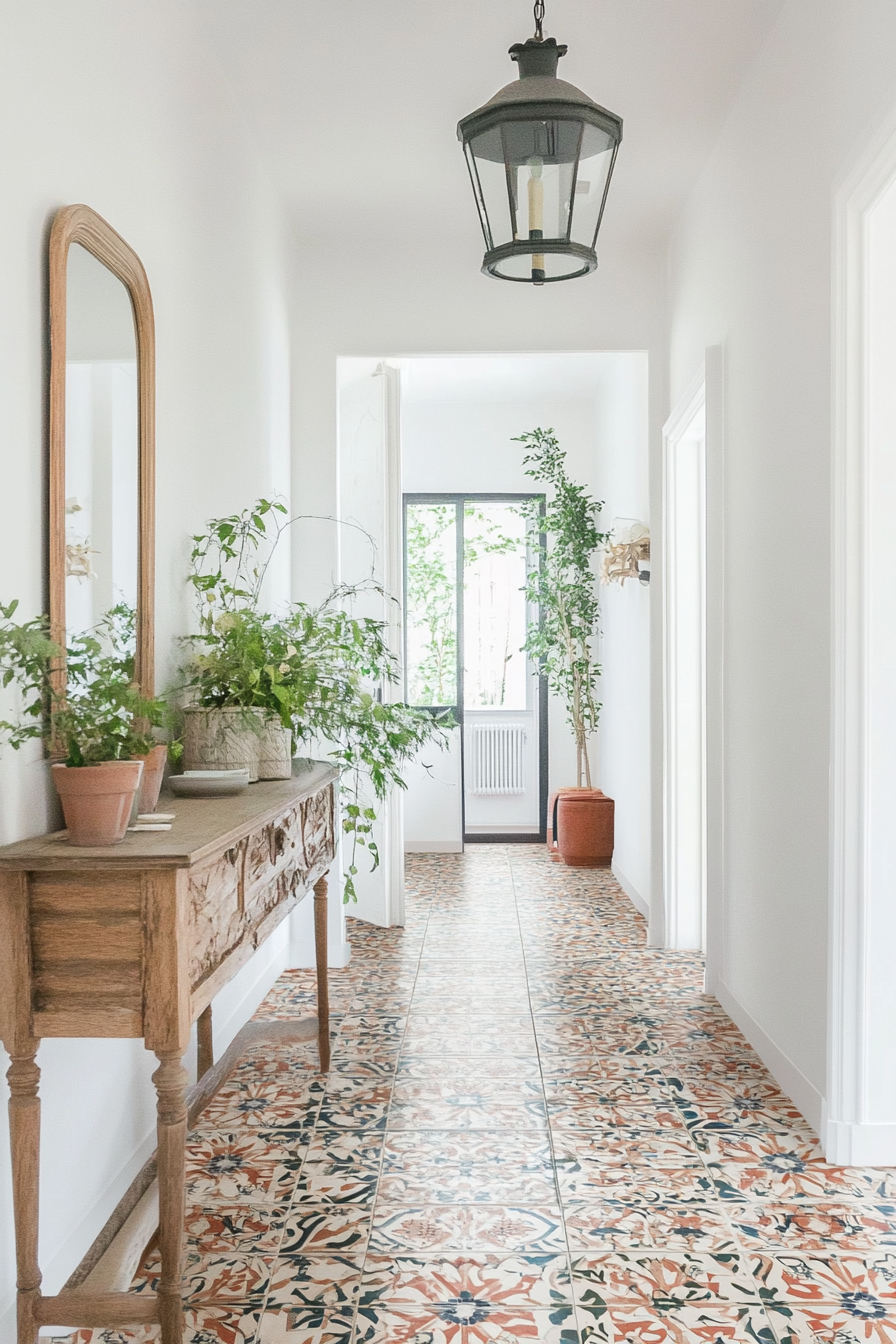 Bold color tile pattern in a hallway