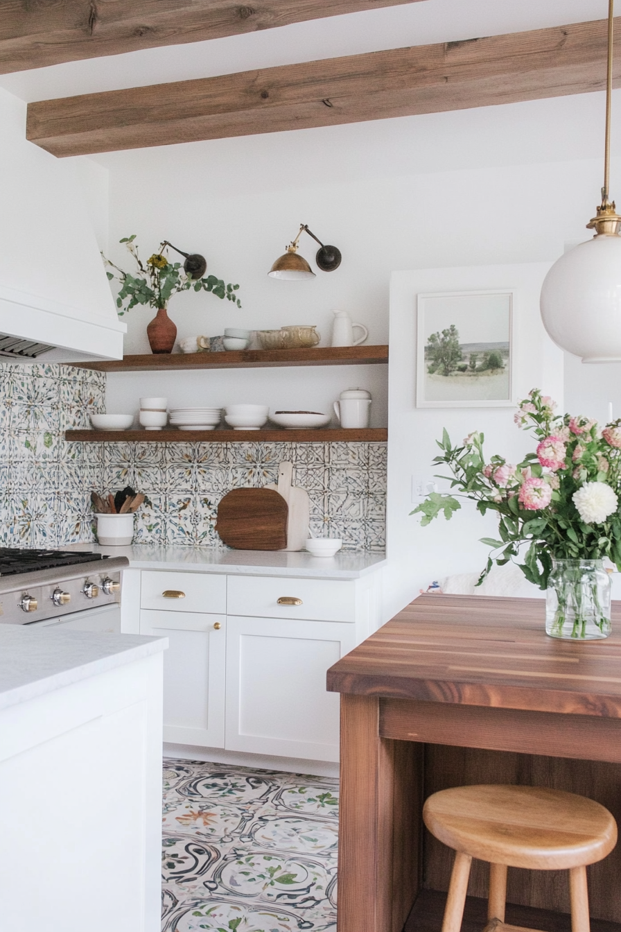 Kitchen with patterned Moroccan tiles and white cabinets