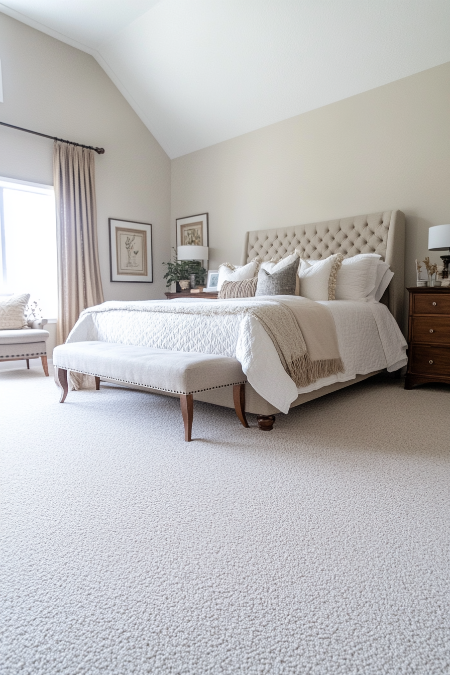 Bedroom with plush, neutral carpet