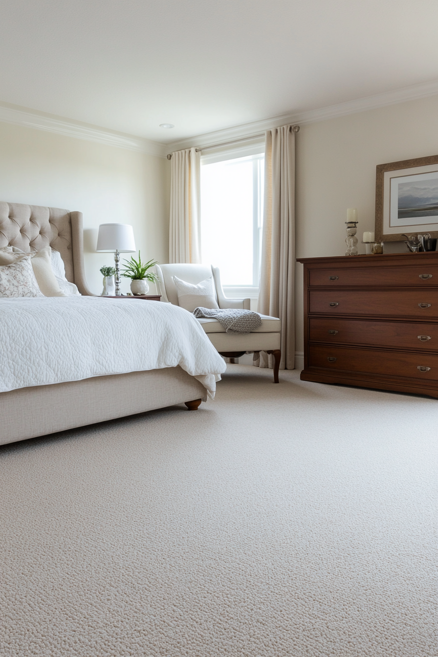 Wooden dresser and reading corners in a bedroom with a plush carpet