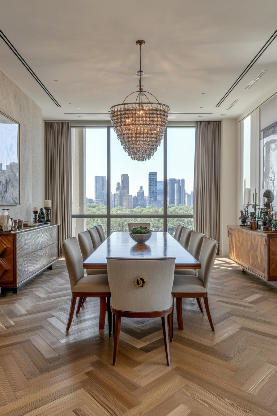 Dining room with parquet floors in a chevron pattern