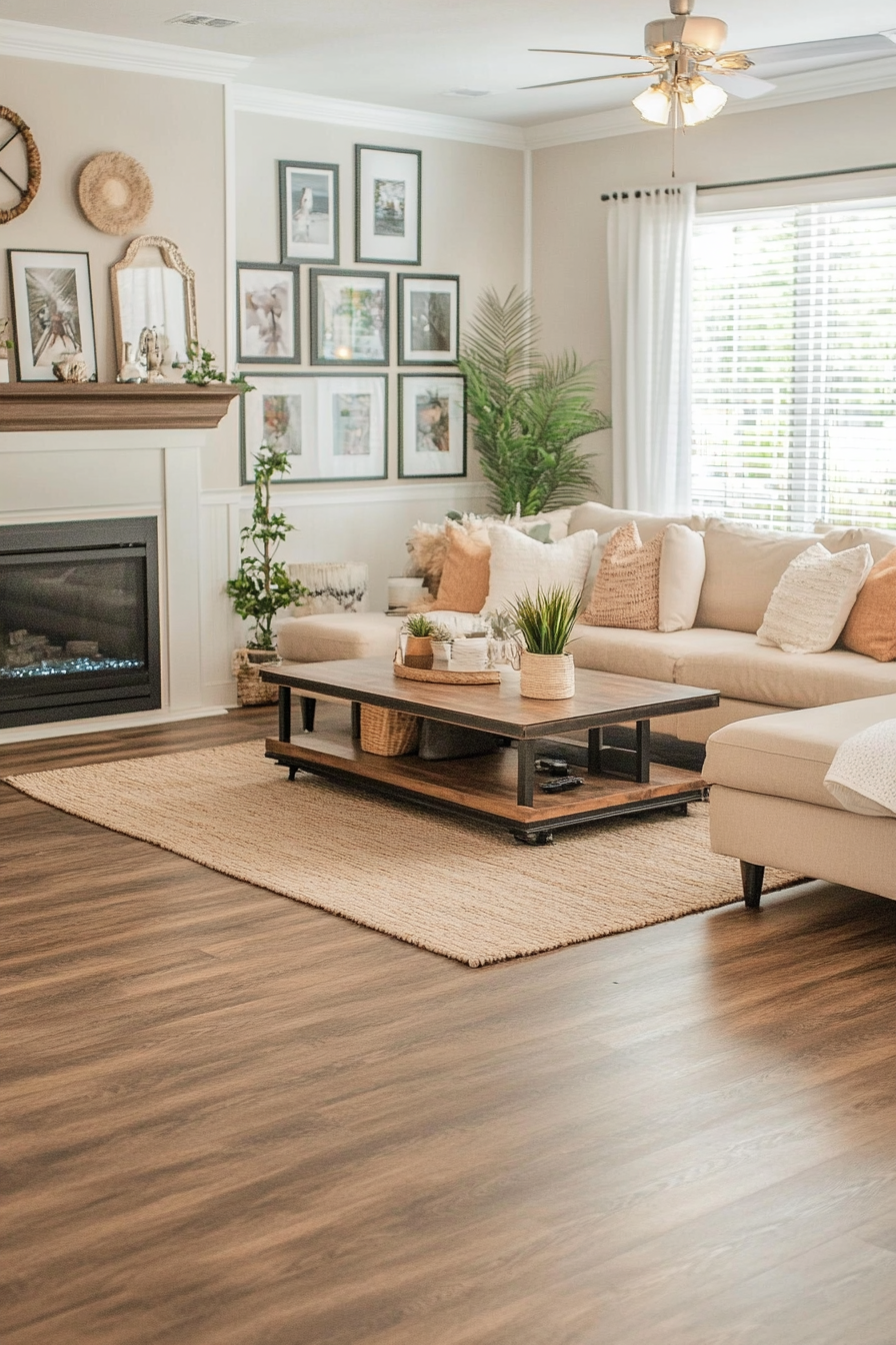 Gallery wall and potted plants in a living room with warm brown flooring