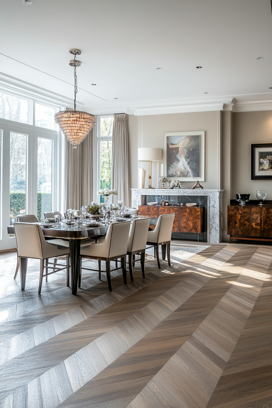 Elegant dining room with marble fireplace and artwork