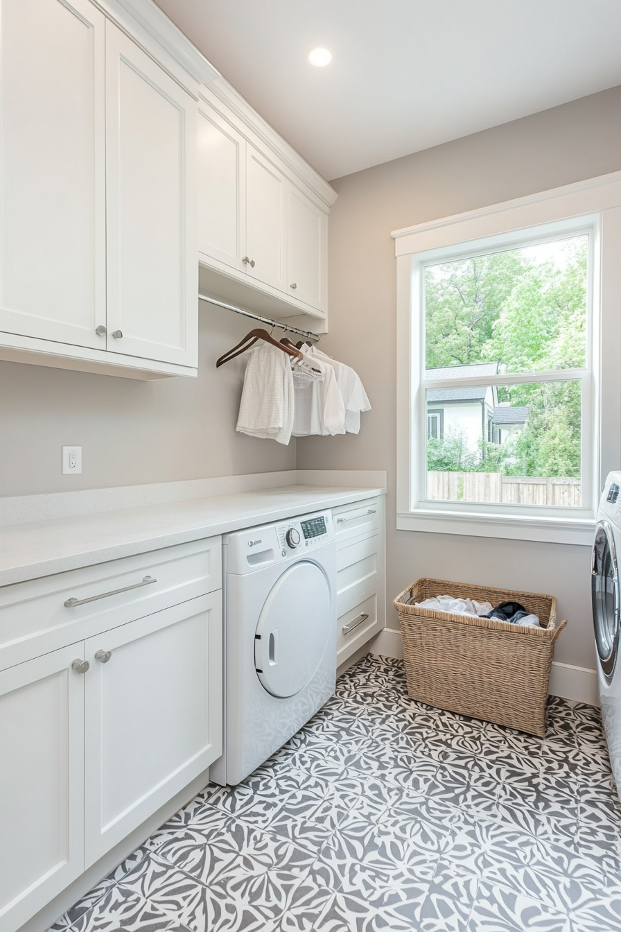 Baskets and hanging rod for clothes in a laundry room with patterned tiles