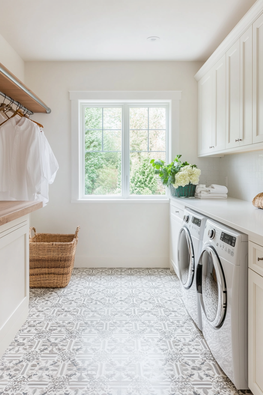 Laundry room with patterned porcelain tile floors