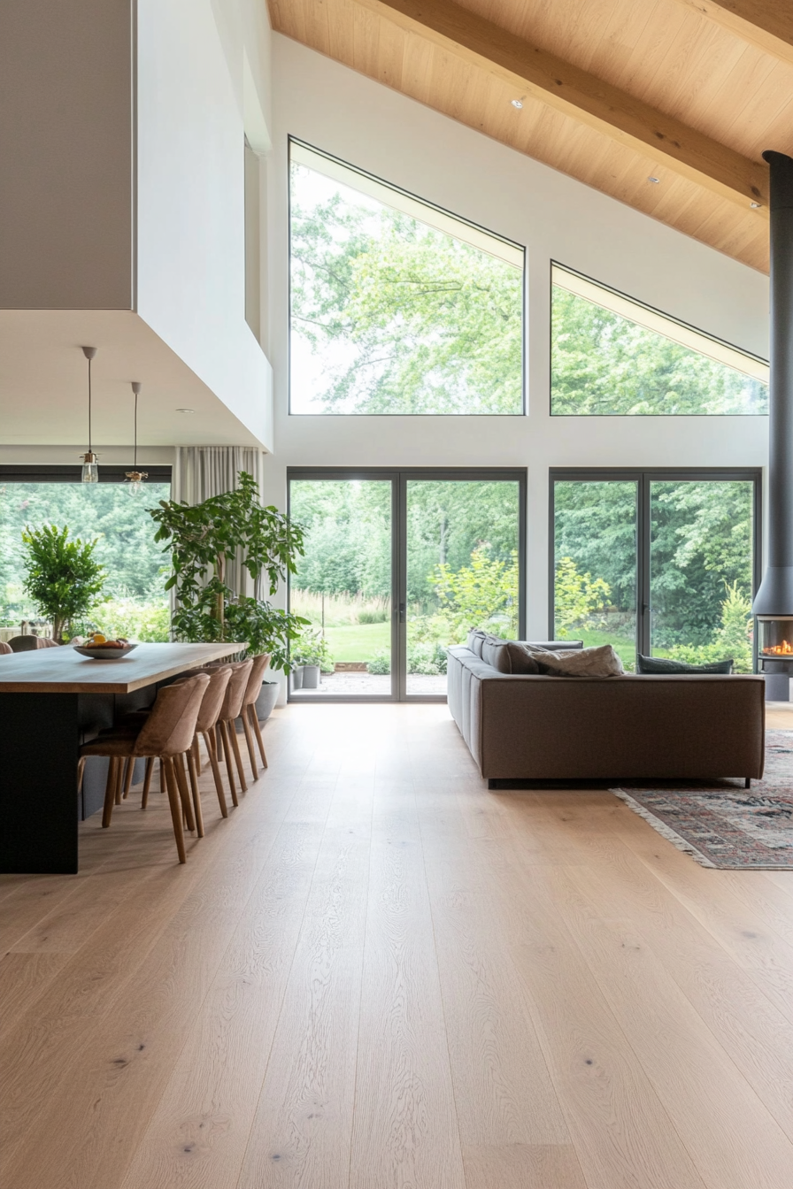 Minimalist fireplace and indoor plants in an open living area