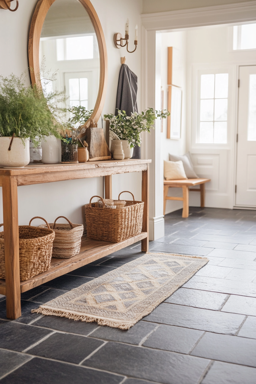 Wooden console table and patterned runner rug in an entryway