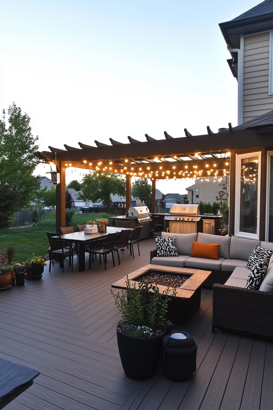 Outdoor furniture and fire pit on a backyard patio with compound patios