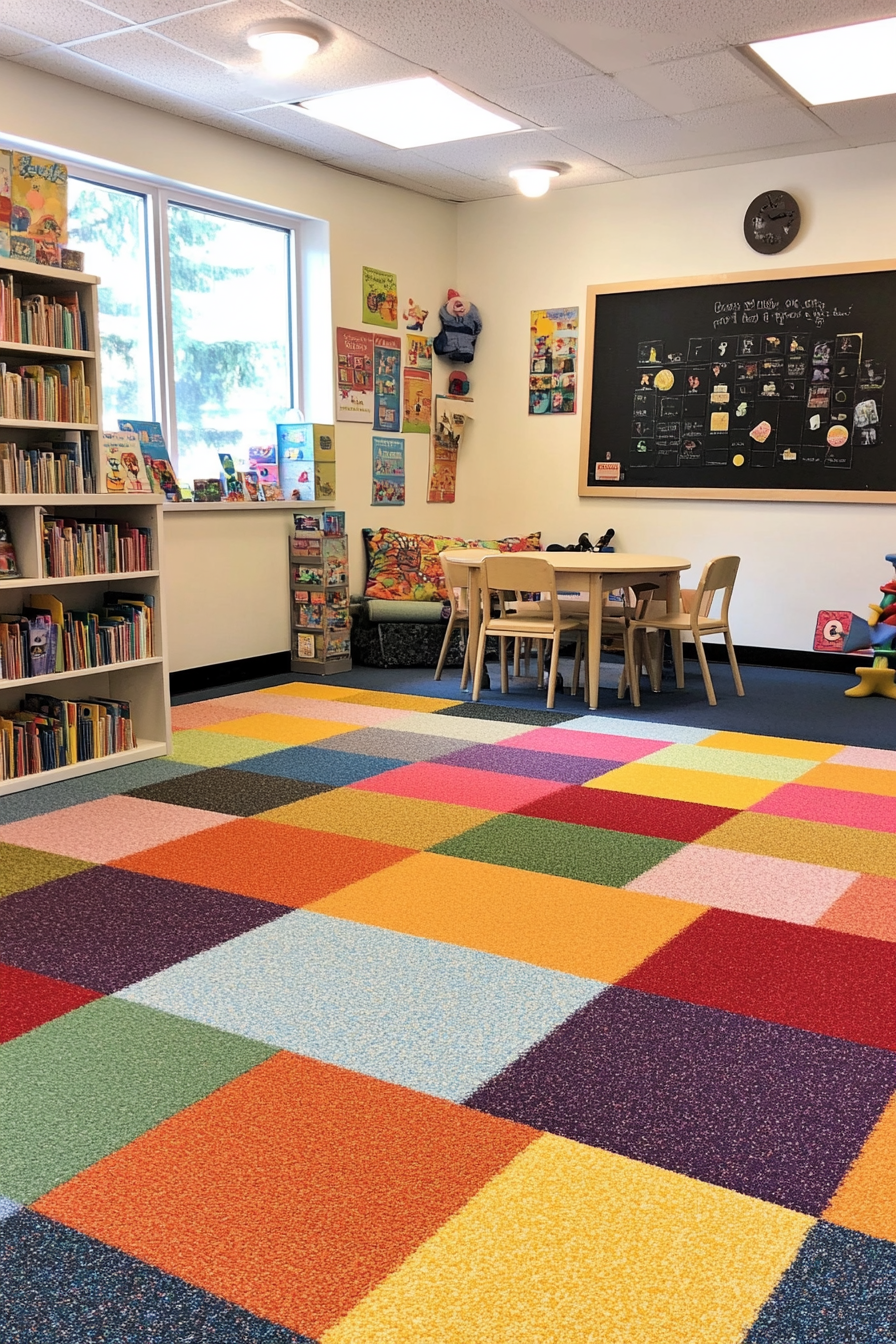 Playroom with colorful carpet tiles