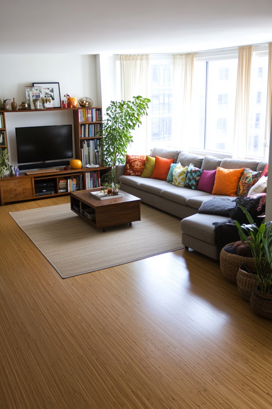 Colorful throw pillows and potted plants in a living room with bamboo floors