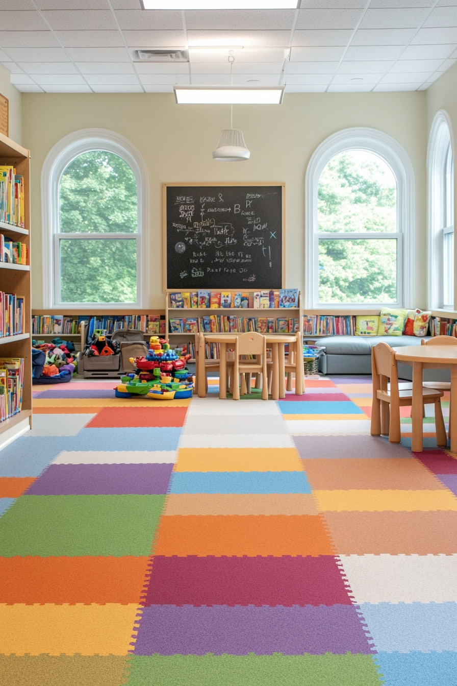 Soft play mat and reading corners in a playroom with carpet tiles