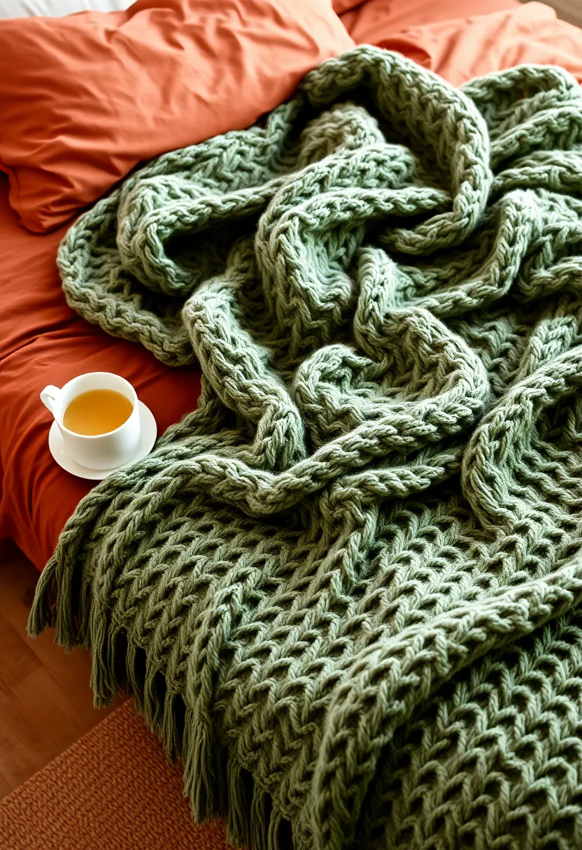 Layers of Textiles: 15 Earthy Terracotta and Sage Green Bedding and Throws for Ultimate Comfort! - 4. Sage green knitted throw