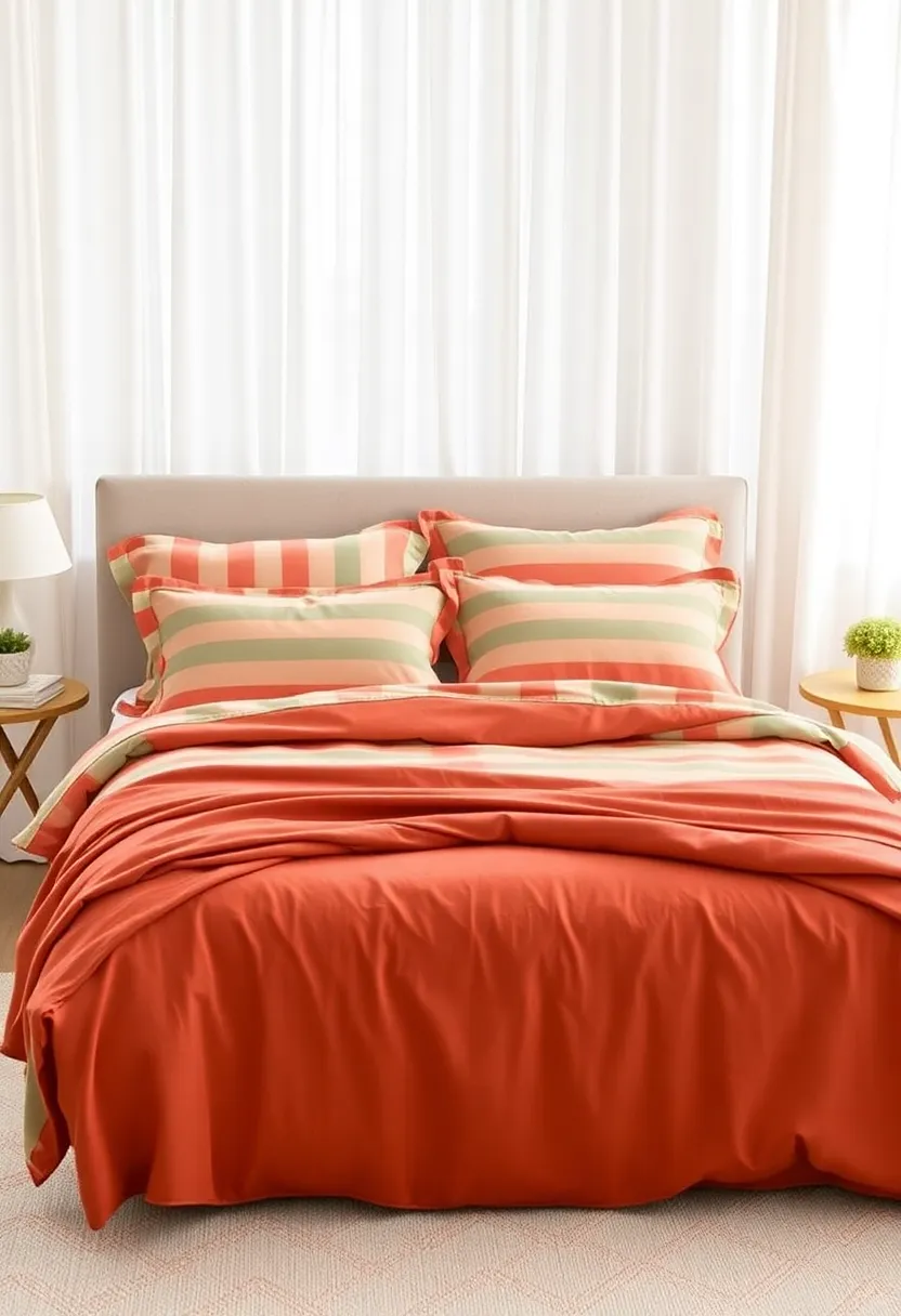 Layers of Textiles: 15 Earthy Terracotta and Sage Green Bedding and Throws for Ultimate Comfort! - 5. Terracotta and Sage Striped Sheet Set