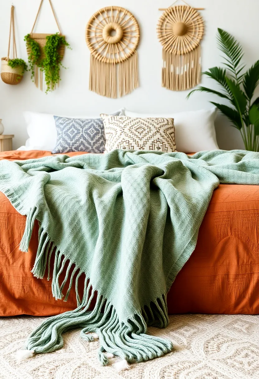 Layers of Textiles: 15 Earthy Terracotta and Sage Green Bedding and Throws for Ultimate Comfort! - 9. Artisanal Throw in Sage Green