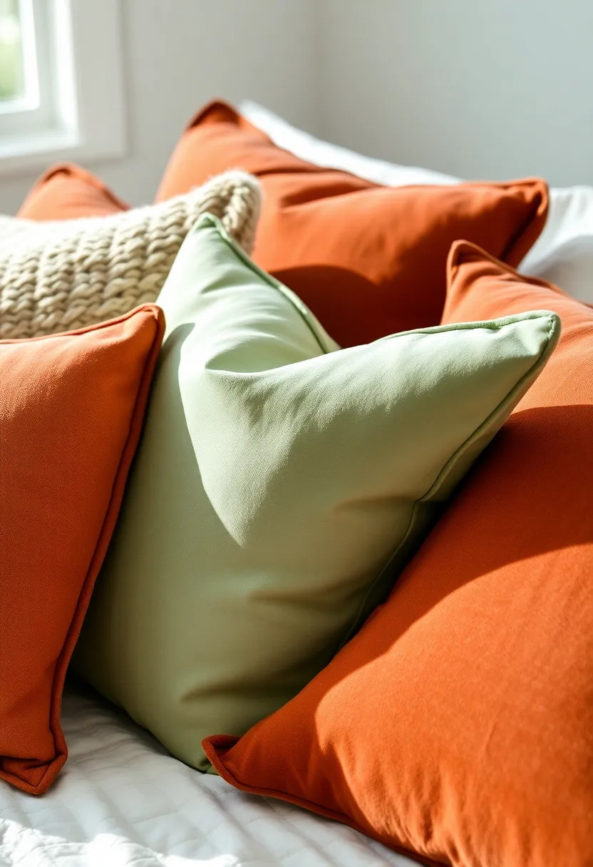 Layers of Textiles: 15 Earthy Terracotta and Sage Green Bedding and Throws for Ultimate Comfort! - 7. Velvet cushion in sage green