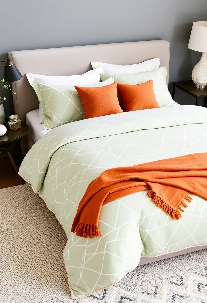 Layers of Textiles: 15 Earthy Terracotta and Sage Green Bedding and Throws for Ultimate Comfort! - 11. Sage green geometric pattern bedding